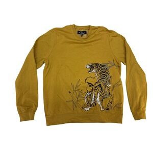 Blind Rooster Mens Mustard Yellow Embroidered Tiger Bamboo Crewneck Sweatshirt M